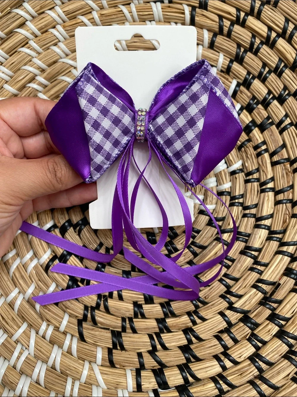 Purple Gingham Ribbon Bow Hair Clip with Long Tails